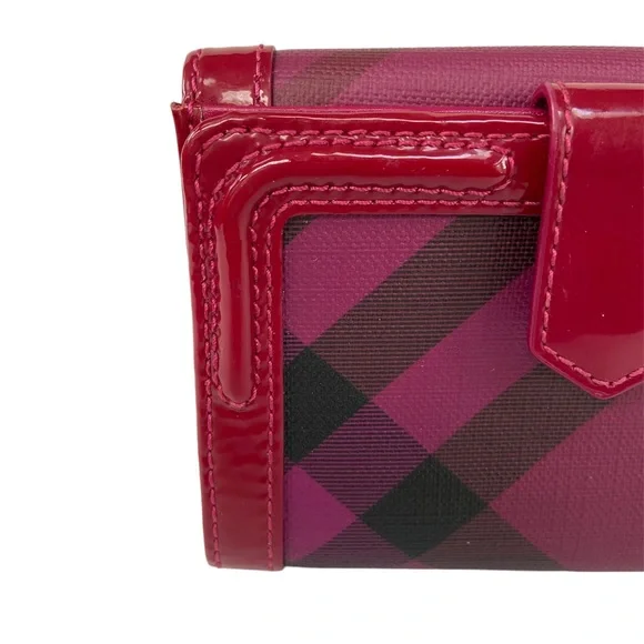 Burberry Nova Plaid Patent Leather Trim Bifold Wallet Magenta and Black